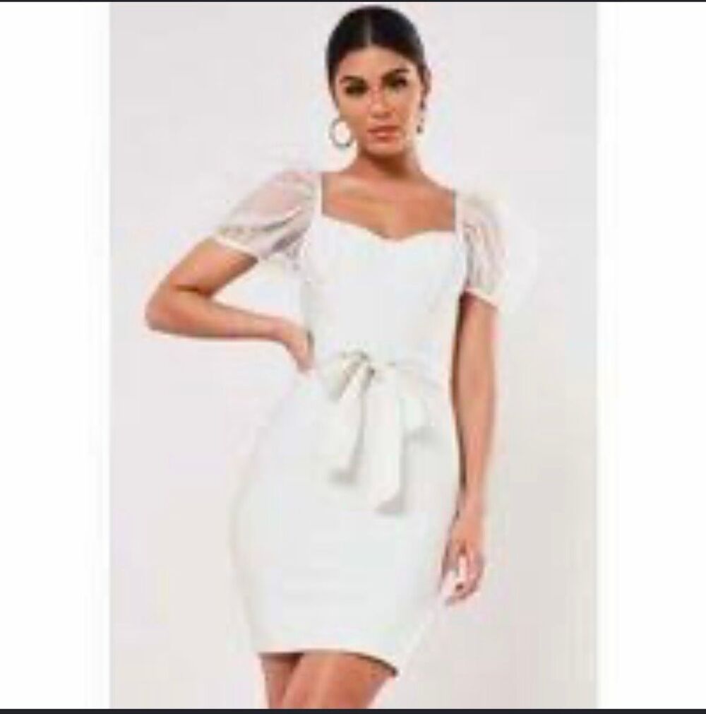 Missguided Ivory Corset Mini Dress Size S Organza Puff Sleeve Belted